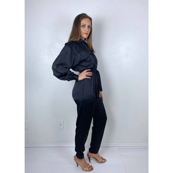 vintage 90s BLACK Liz Claiborne BELTED JUMPSUIT M/L utility military pantsuit - Picture 7 of 10